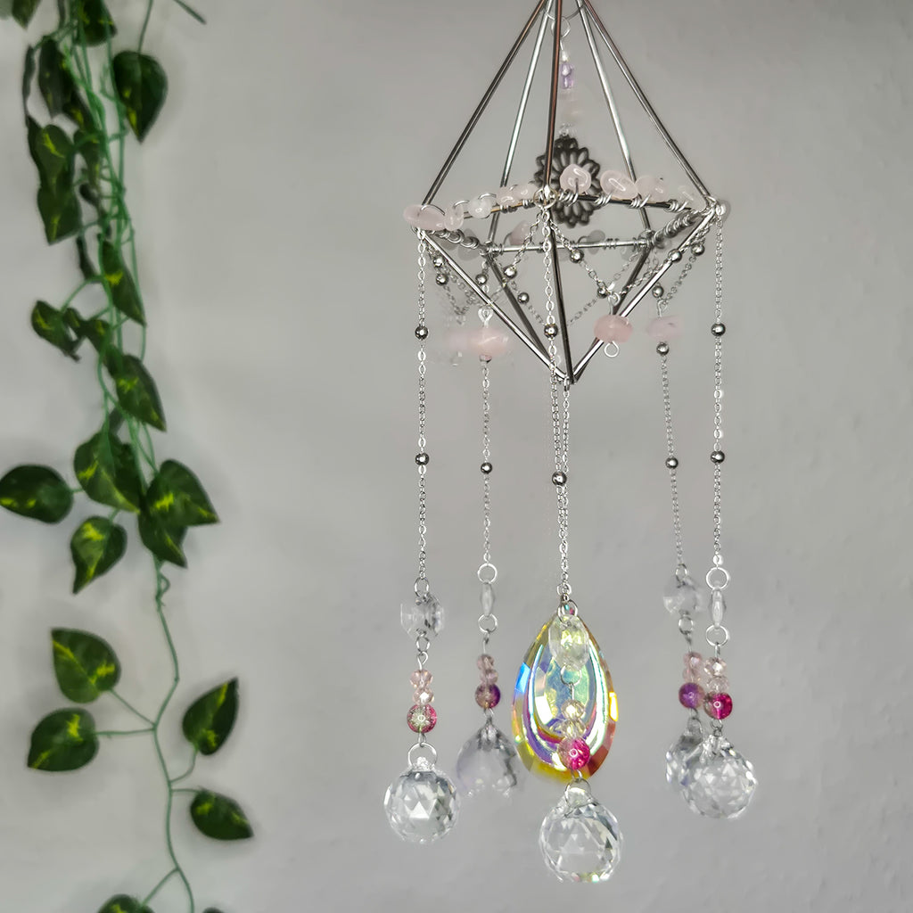 Muttertag - Rosequarz Flower - Sonnenfänger - Geometrisch - Silber