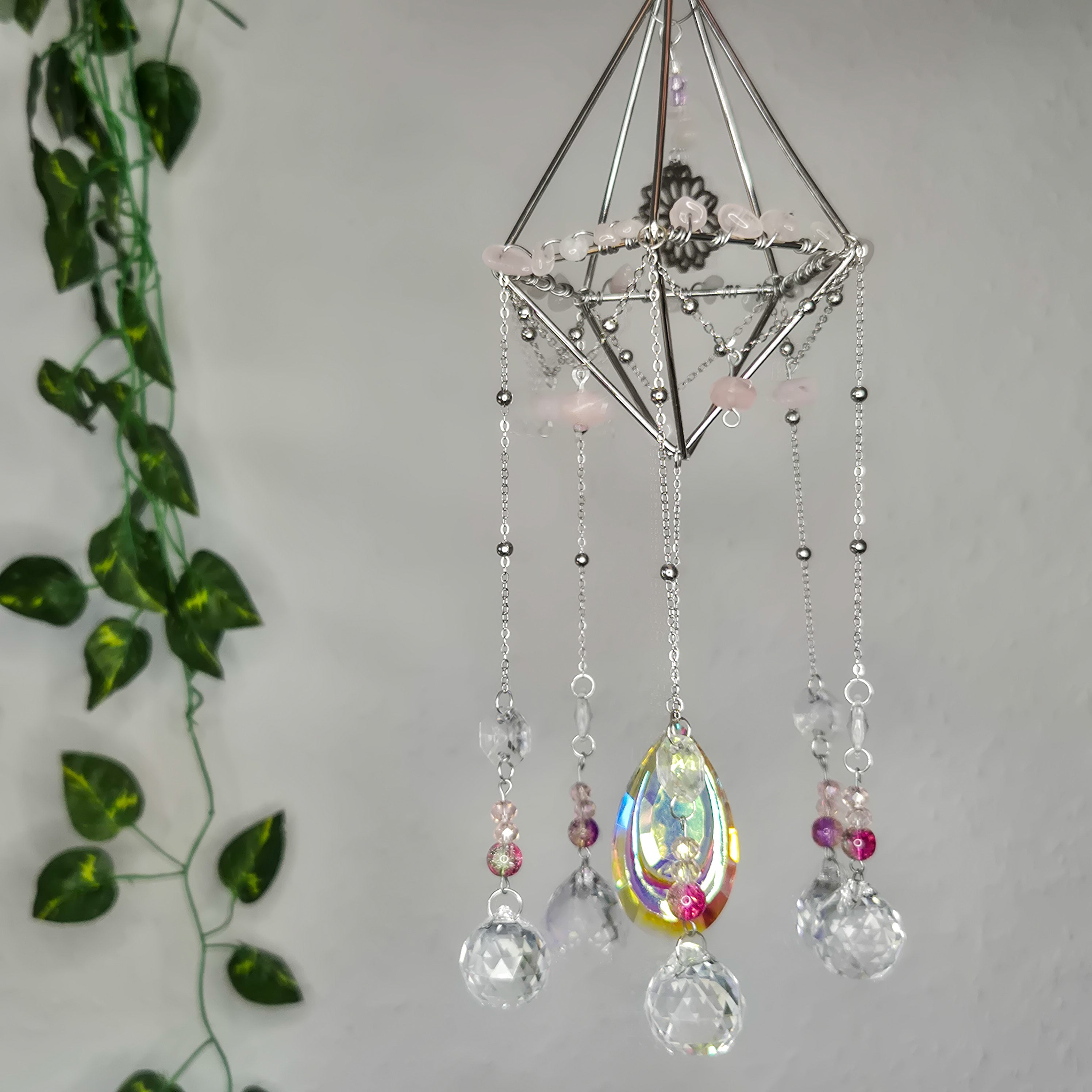 Muttertag - Rosequarz Flower - Sonnenfänger - Geometrisch - Silber